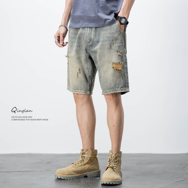 2026 American casual retro beggar ripped denim shorts men's loose trend five-point pants summer thin medium pants