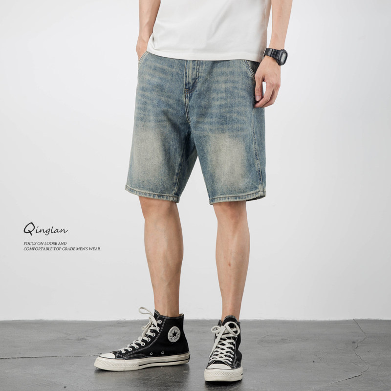 2026 American casual retro beggar ripped denim shorts men's loose trend five-point pants summer thin medium pants