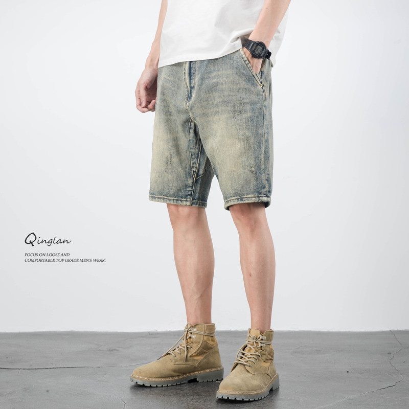 2026 American casual retro beggar ripped denim shorts men's loose trend five-point pants summer thin medium pants