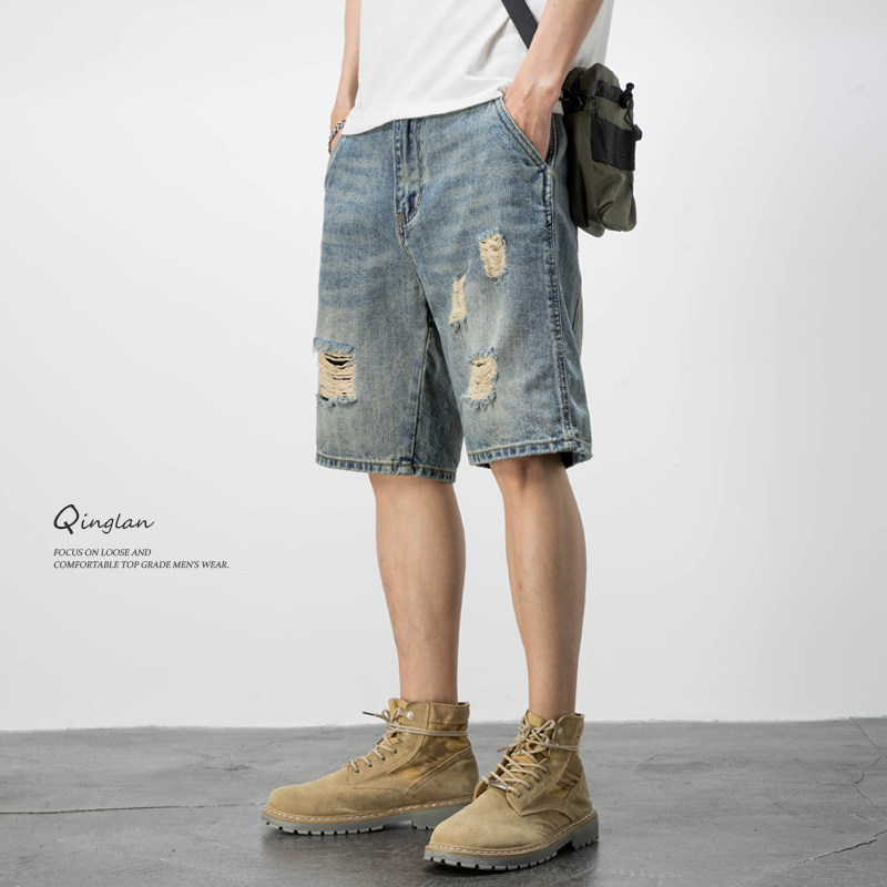 2026 American casual retro beggar ripped denim shorts men's loose trend five-point pants summer thin medium pants