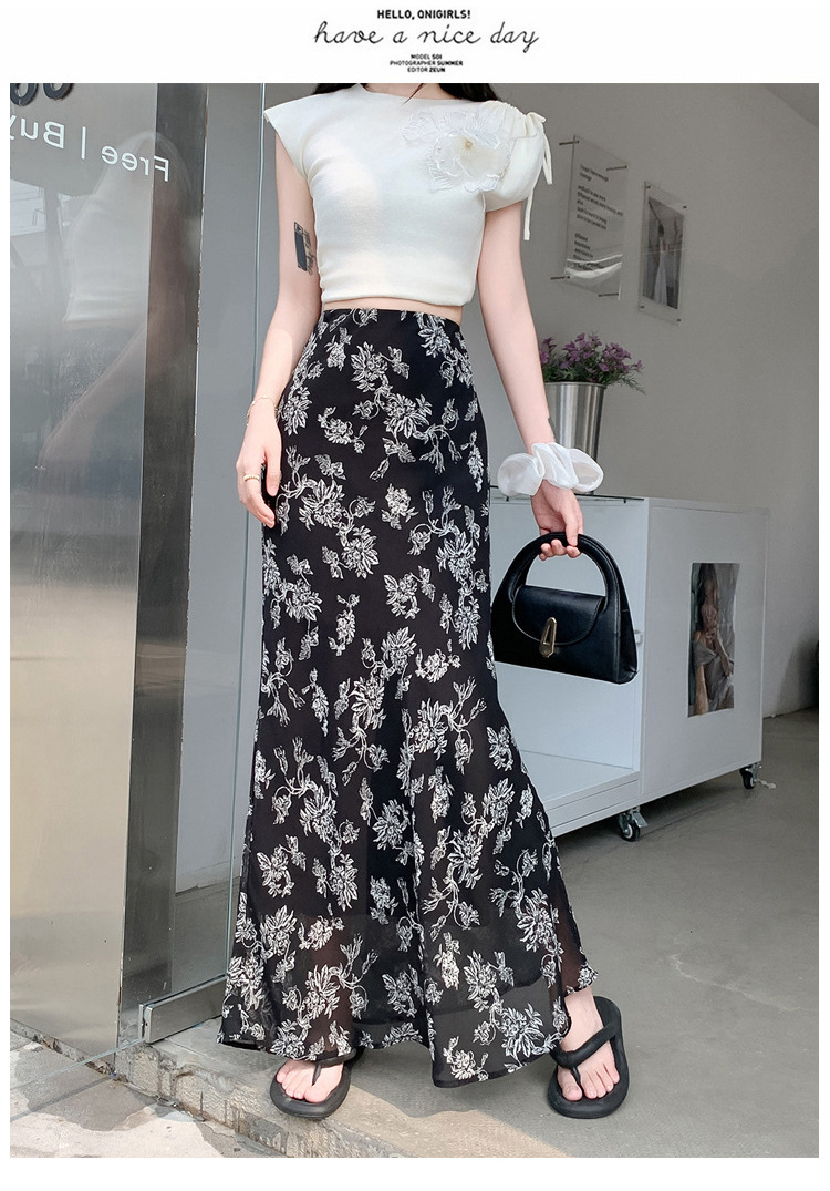 Chiffon floral fishtail skirt women's summer new high-waisted thin elastic waist skirt cool and breathable medium and long skirt