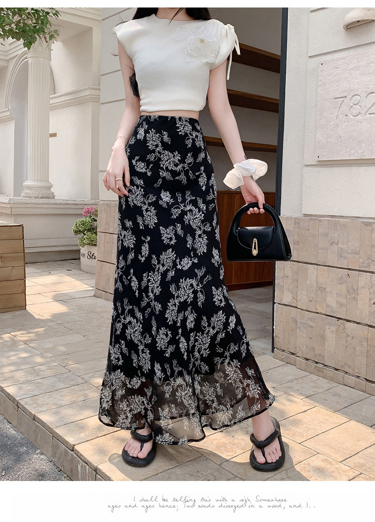Chiffon floral fishtail skirt women's summer new high-waisted thin elastic waist skirt cool and breathable medium and long skirt