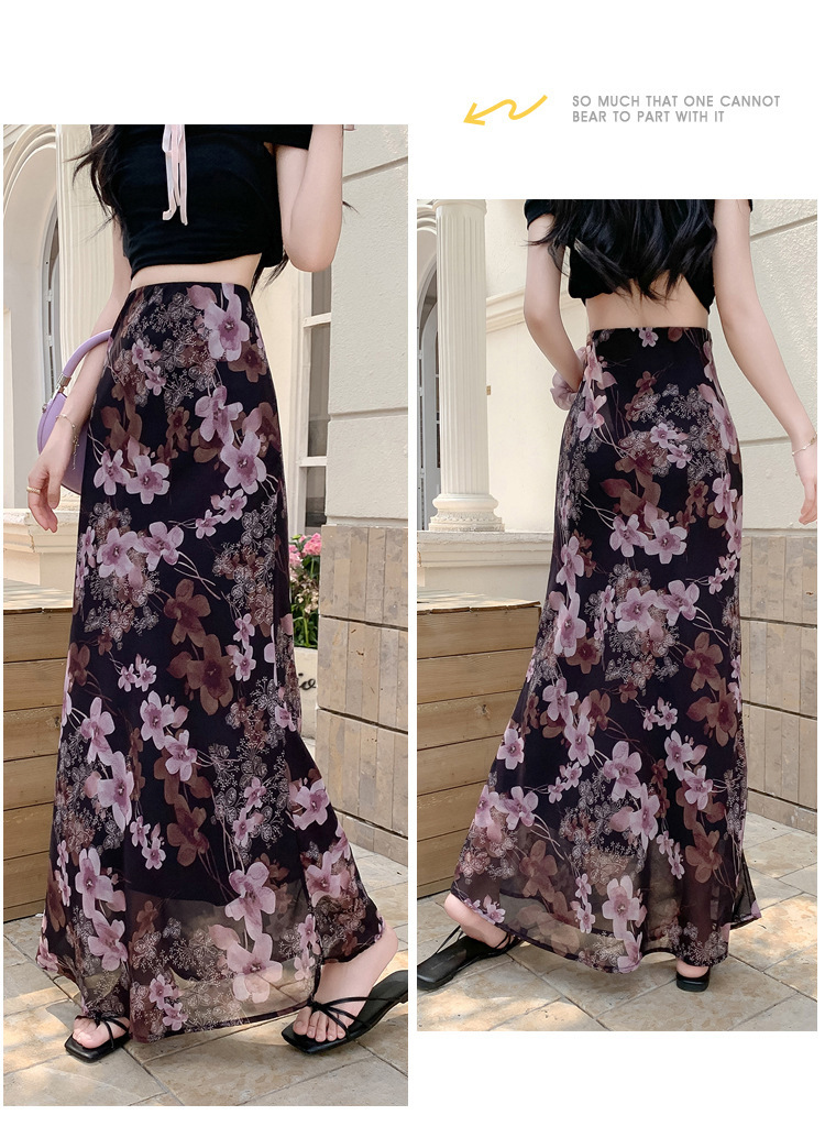 Chiffon floral fishtail skirt women's summer new high-waisted thin elastic waist skirt cool and breathable medium and long skirt