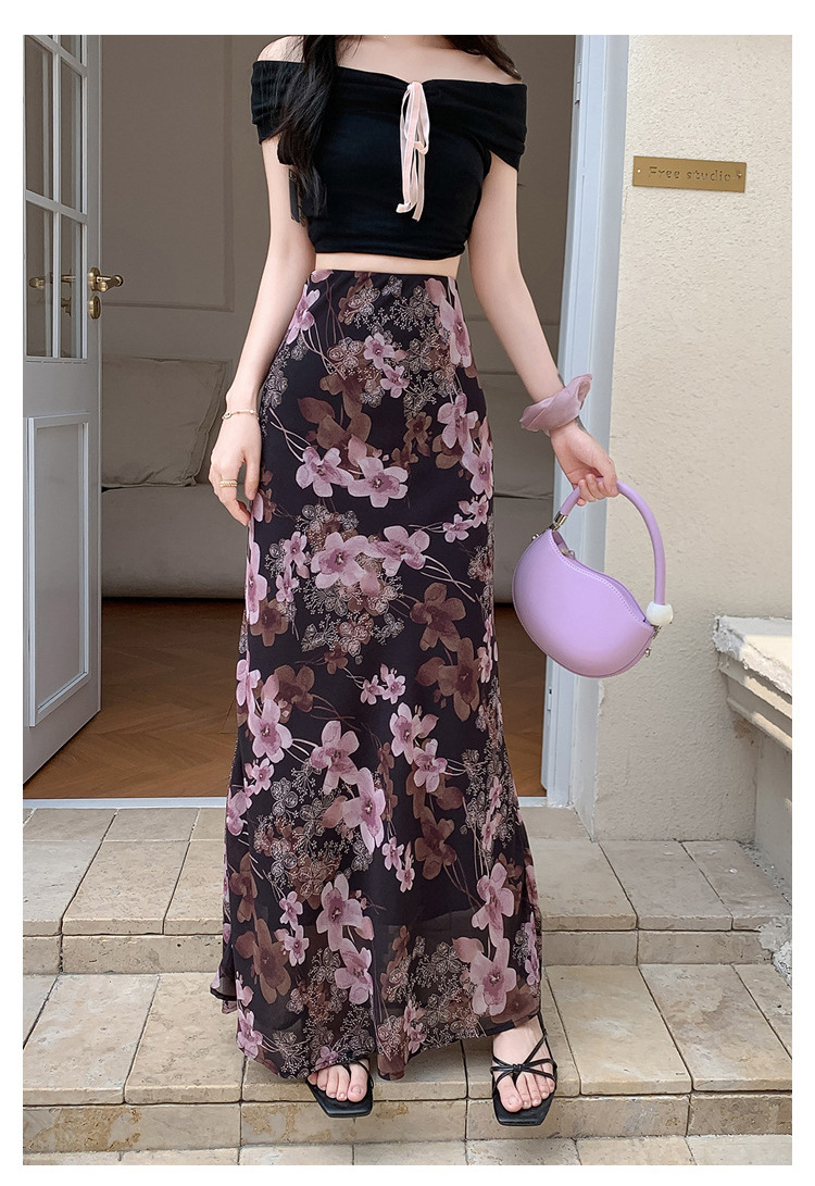 Chiffon floral fishtail skirt women's summer new high-waisted thin elastic waist skirt cool and breathable medium and long skirt