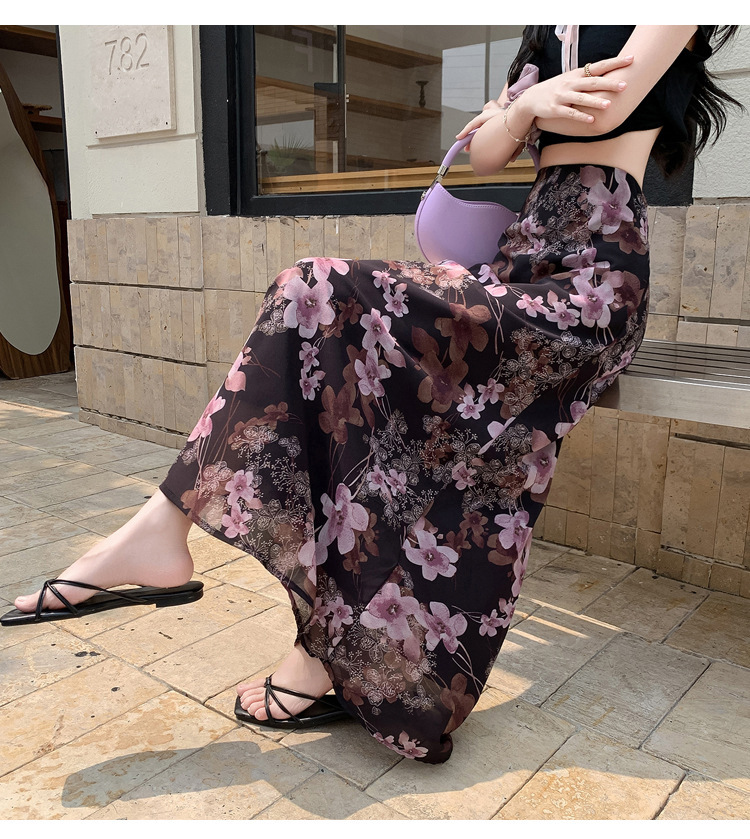 Chiffon floral fishtail skirt women's summer new high-waisted thin elastic waist skirt cool and breathable medium and long skirt