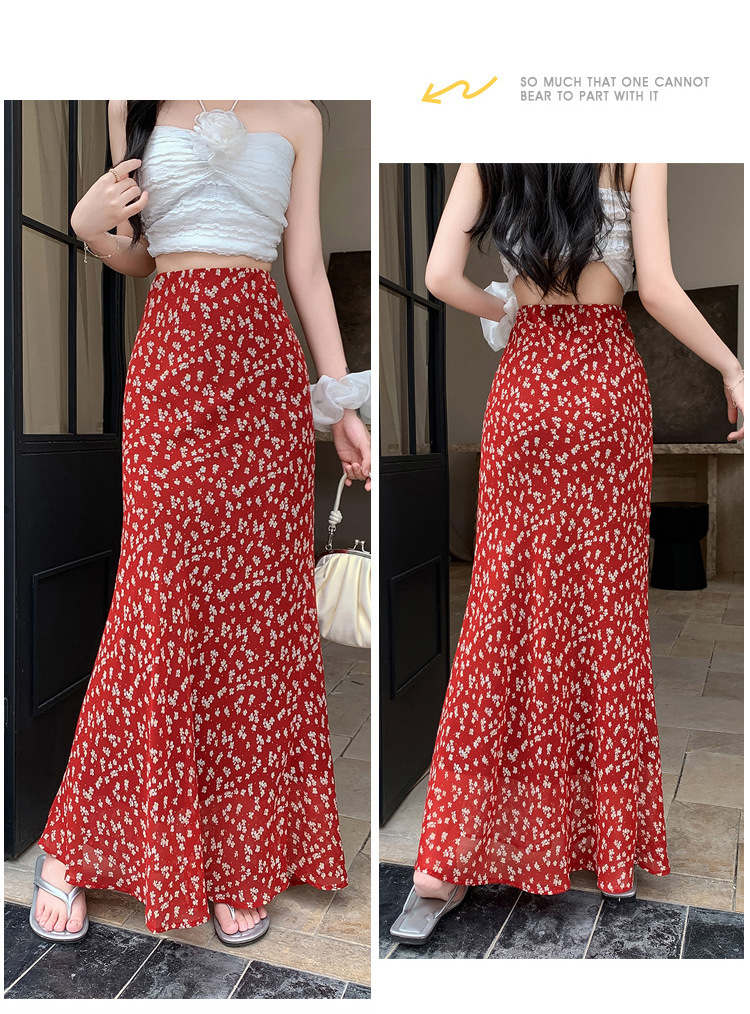 Chiffon floral fishtail skirt women's summer new high-waisted thin elastic waist skirt cool and breathable medium and long skirt