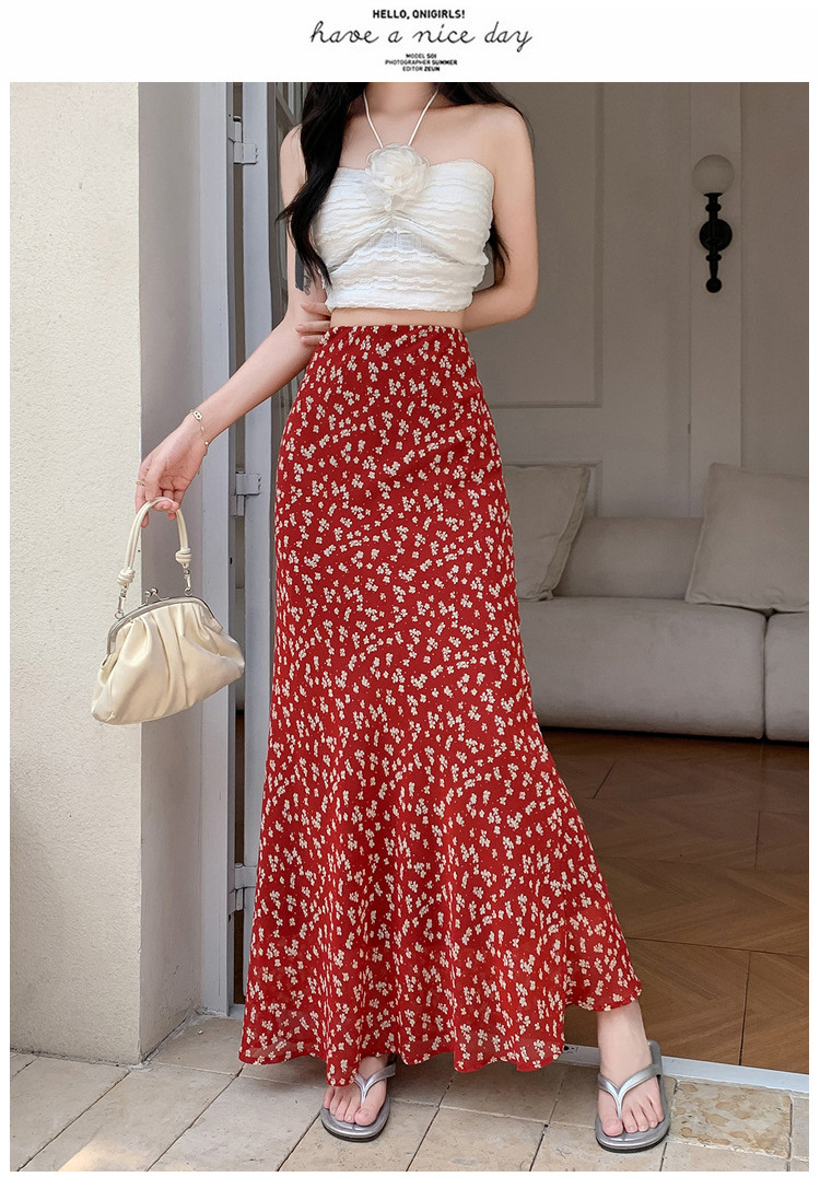 Chiffon floral fishtail skirt women's summer new high-waisted thin elastic waist skirt cool and breathable medium and long skirt