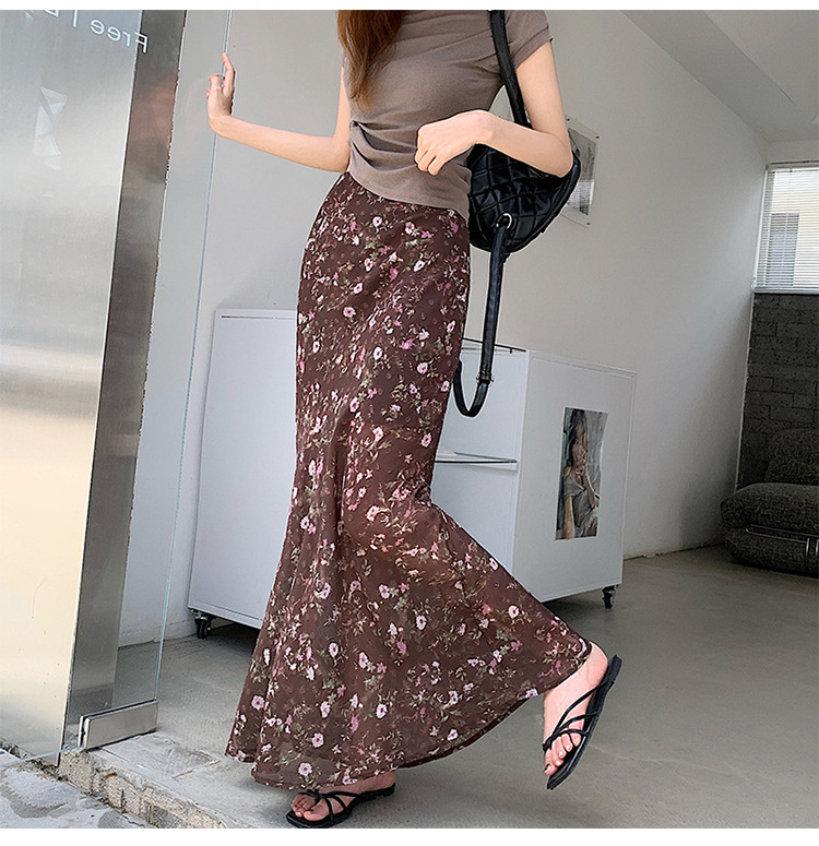 Chiffon floral fishtail skirt women's summer new high-waisted thin elastic waist skirt cool and breathable medium and long skirt