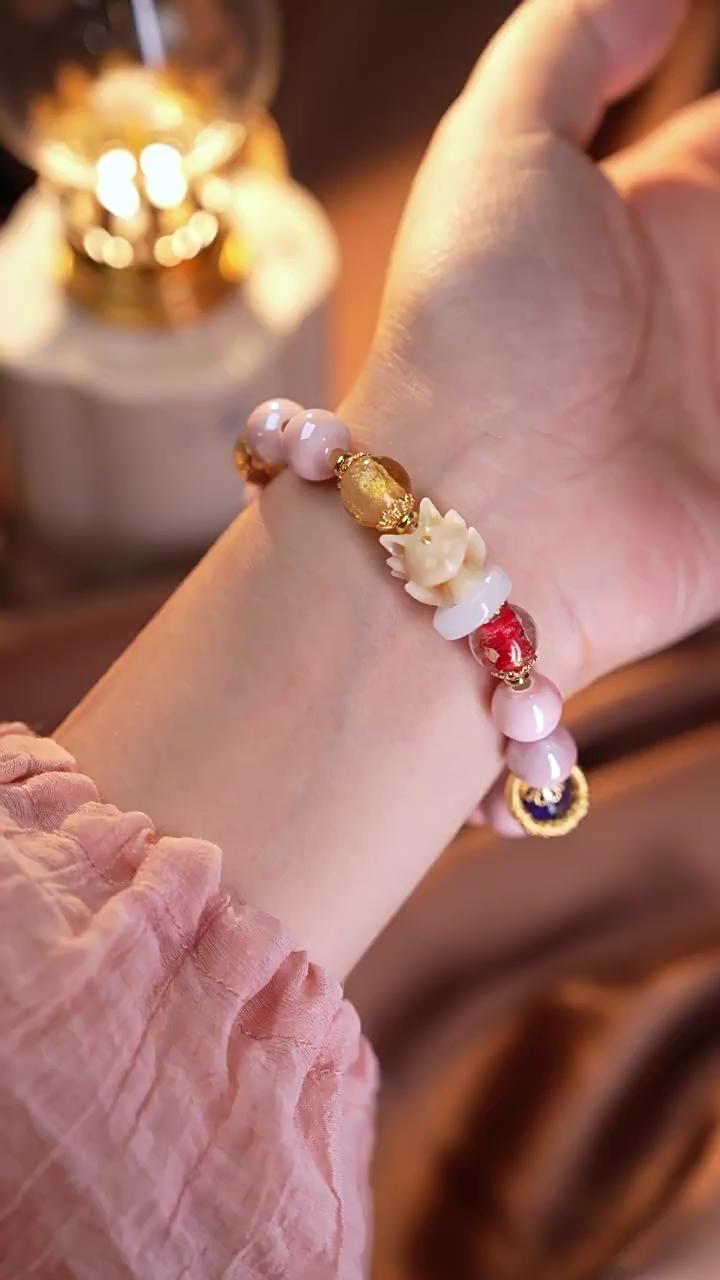 Beijing incense gray glass bracelet, pink porcelain nine-tailed fox bracelet, lucky luck