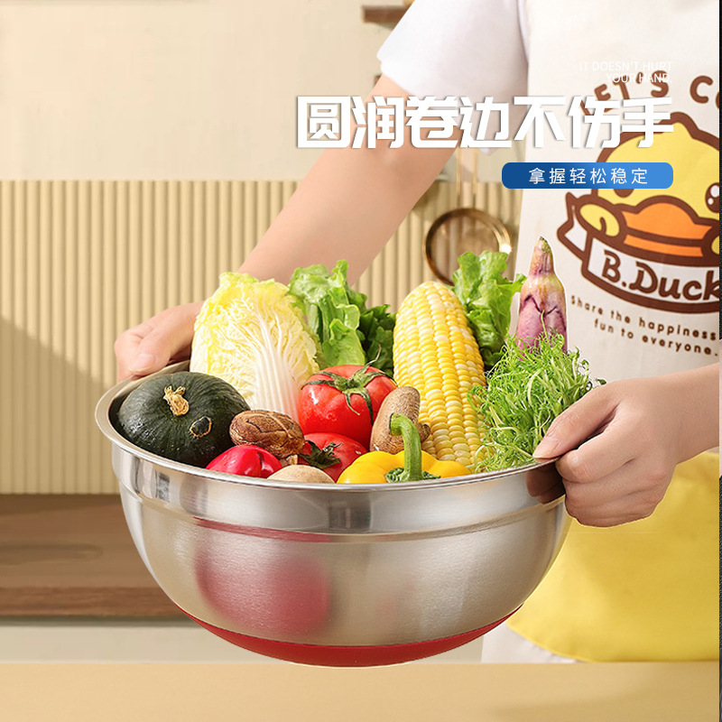 Household stainless steel colored salad bowl with lid, thickened and deepened food vegetable and fruit pot, round egg-beating cooking pot wholesale