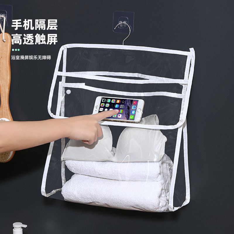 Transparent waterproof wall-mounted storage bag, no punching, bathroom bath clothes towel storage bag