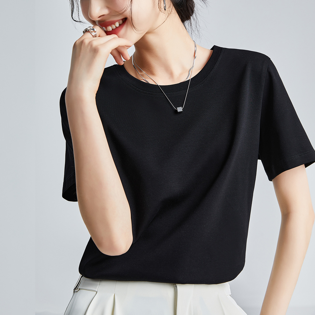 Double-sided mercerized cotton slim-fitting simple white short-sleeved t-shirt women's summer 2026 new crew neck bottoming shirt