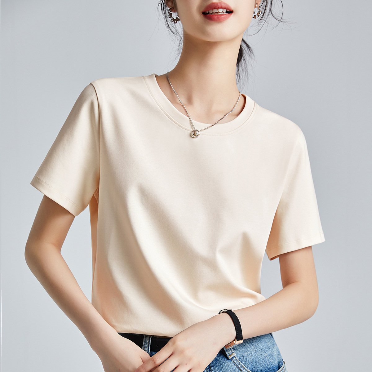 Double-sided mercerized cotton slim-fitting simple white short-sleeved t-shirt women's summer 2026 new crew neck bottoming shirt
