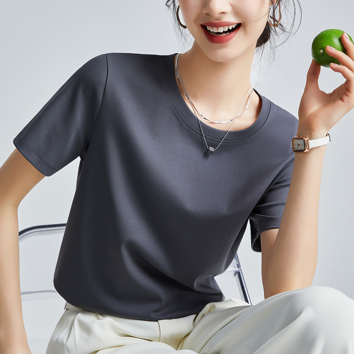 Double-sided mercerized cotton slim-fitting simple white short-sleeved t-shirt women's summer 2026 new crew neck bottoming shirt