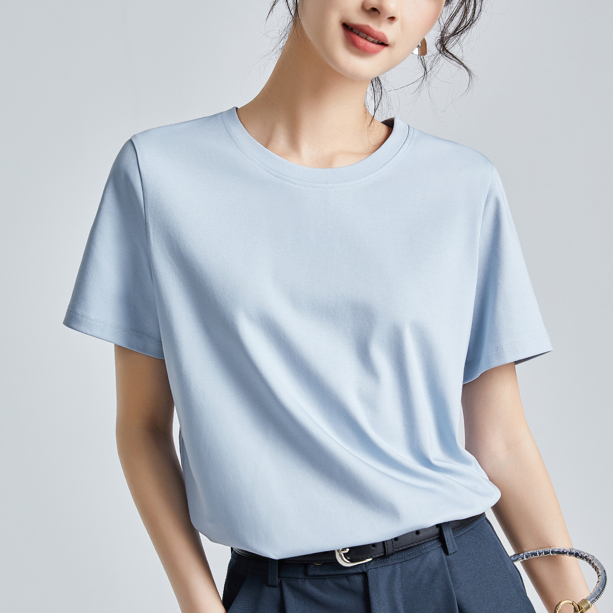 Double-sided mercerized cotton slim-fitting simple white short-sleeved t-shirt women's summer 2026 new crew neck bottoming shirt