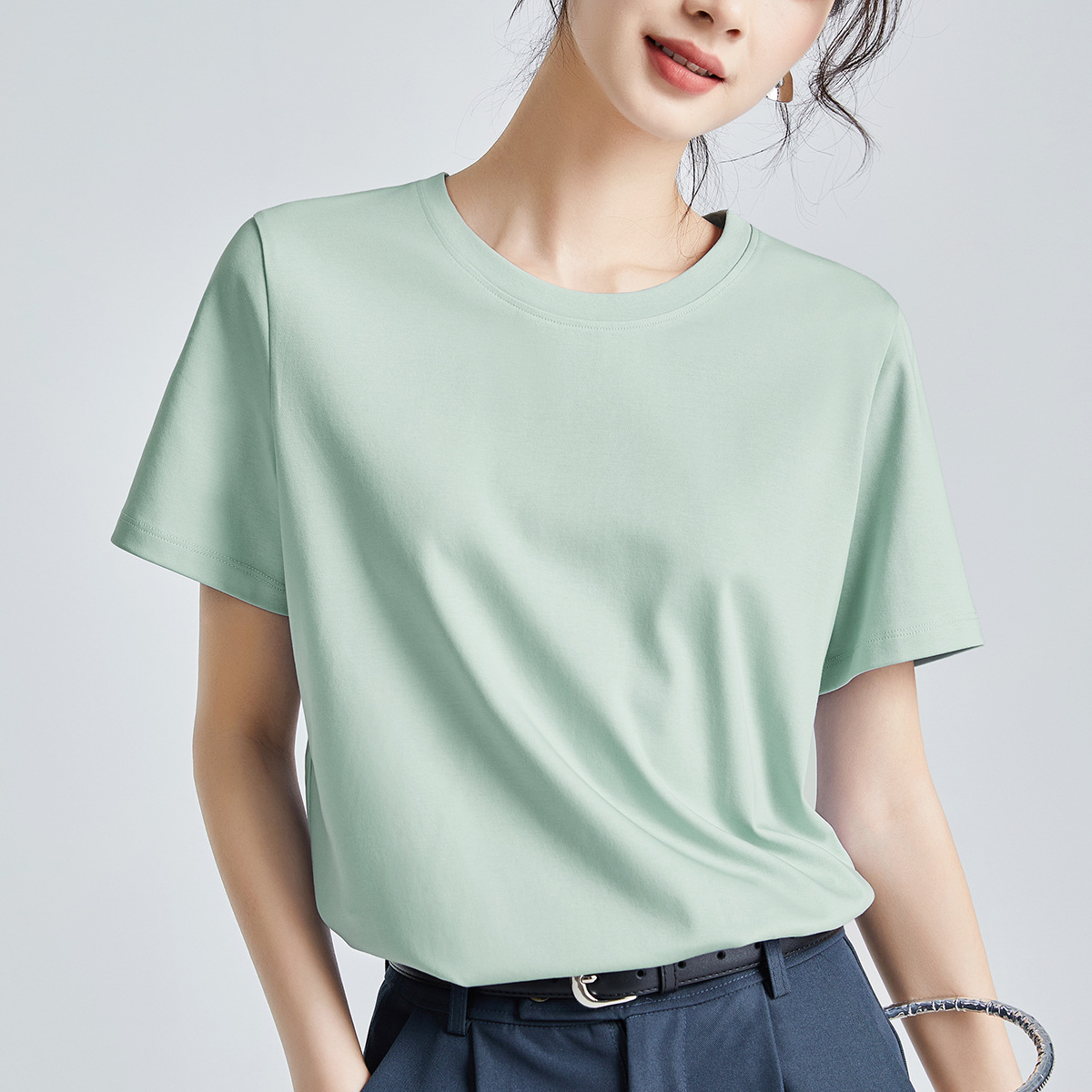 Double-sided mercerized cotton slim-fitting simple white short-sleeved t-shirt women's summer 2026 new crew neck bottoming shirt