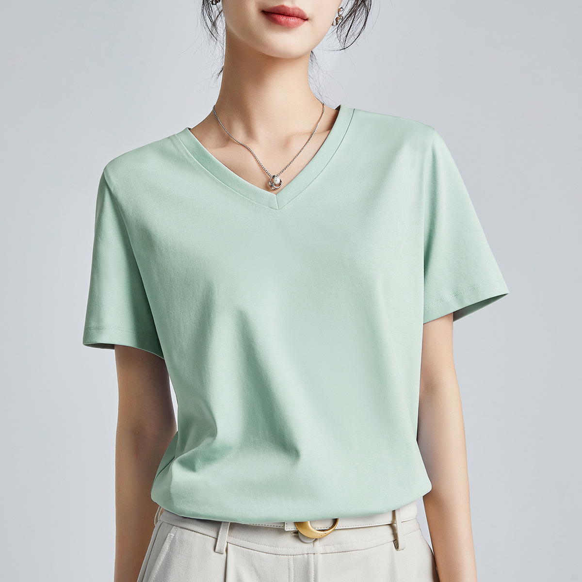 Double-sided mercerized cotton slim-fitting simple white short-sleeved t-shirt women's summer 2026 new crew neck bottoming shirt