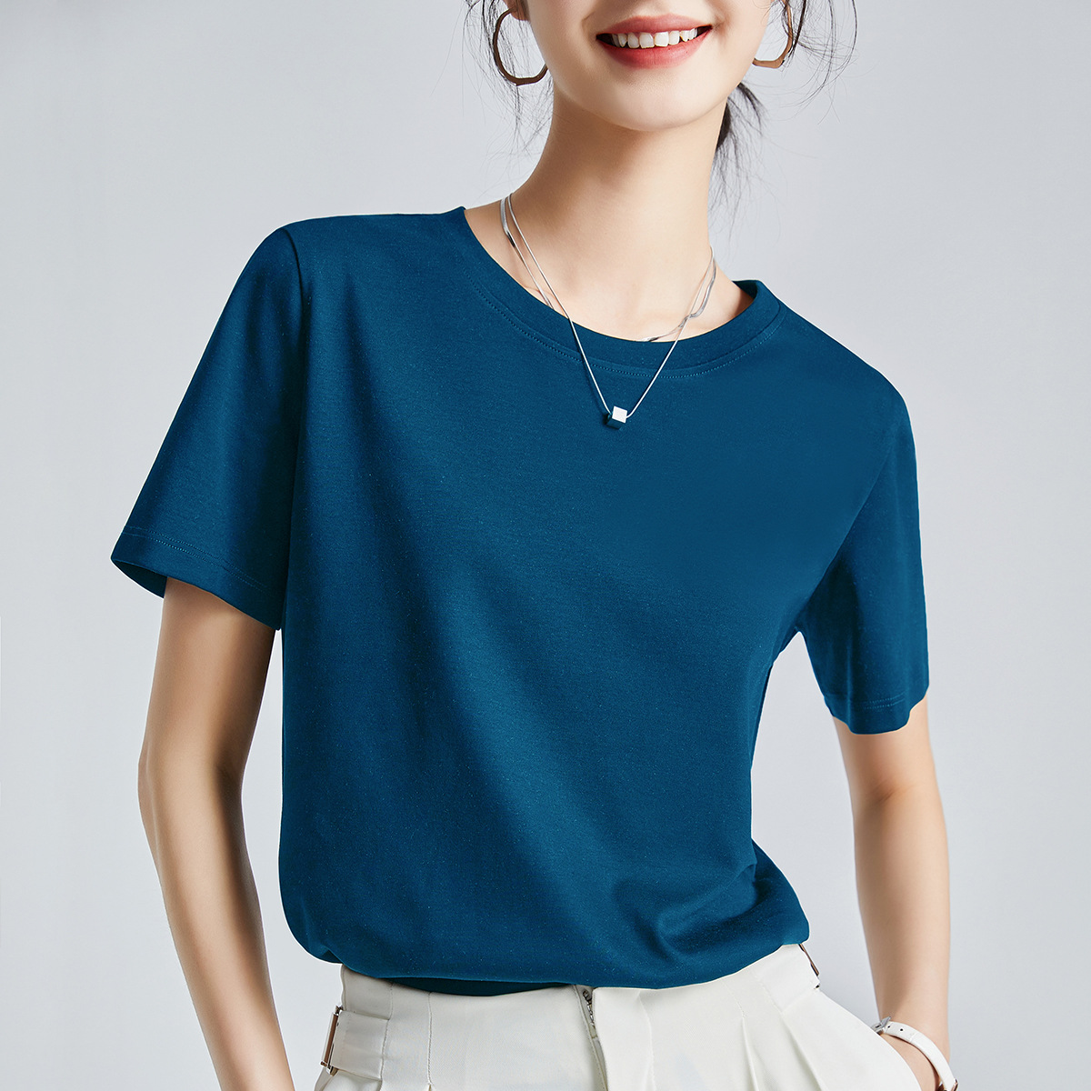 Double-sided mercerized cotton slim-fitting simple white short-sleeved t-shirt women's summer 2026 new crew neck bottoming shirt
