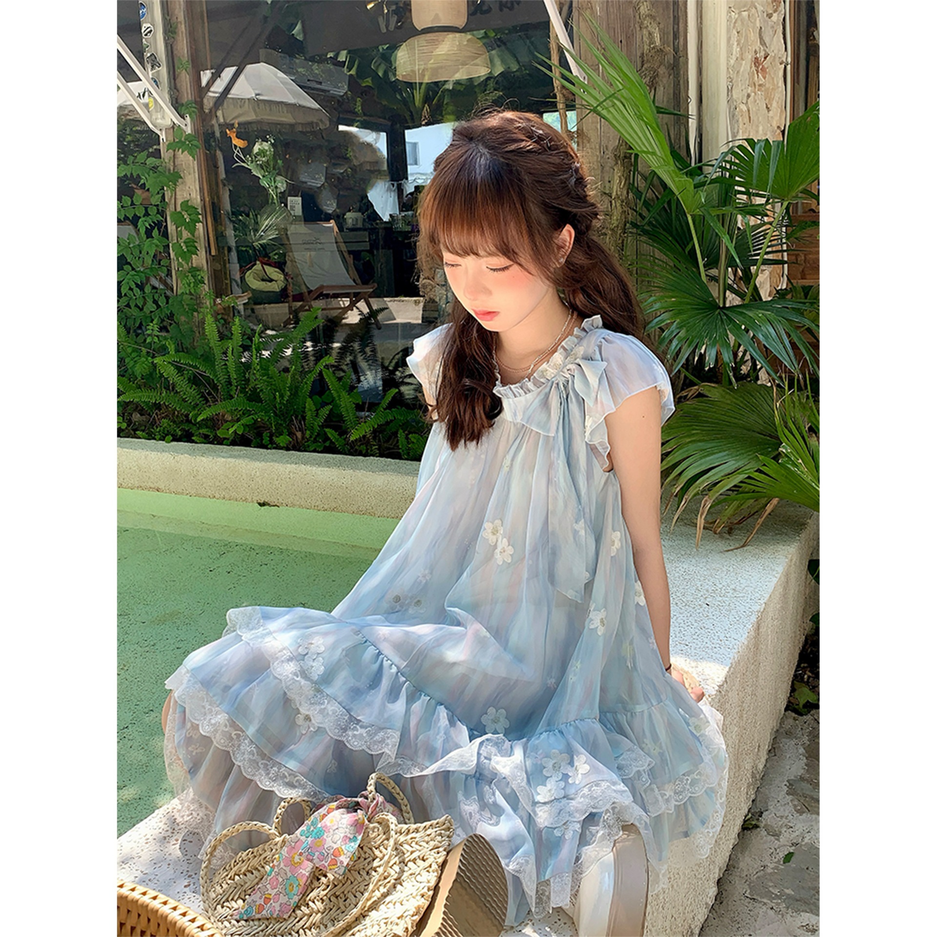Gaun Mini Tulle Floral Untuk Wanita Lengan French Cap Petite Sundress Musim Panas yang Elegan