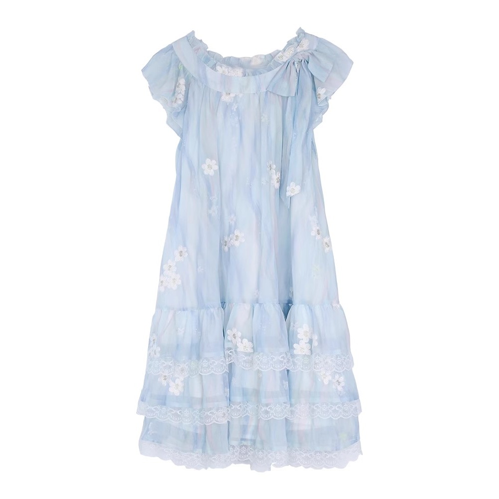 Gaun Mini Tulle Floral Untuk Wanita Lengan French Cap Petite Sundress Musim Panas yang Elegan