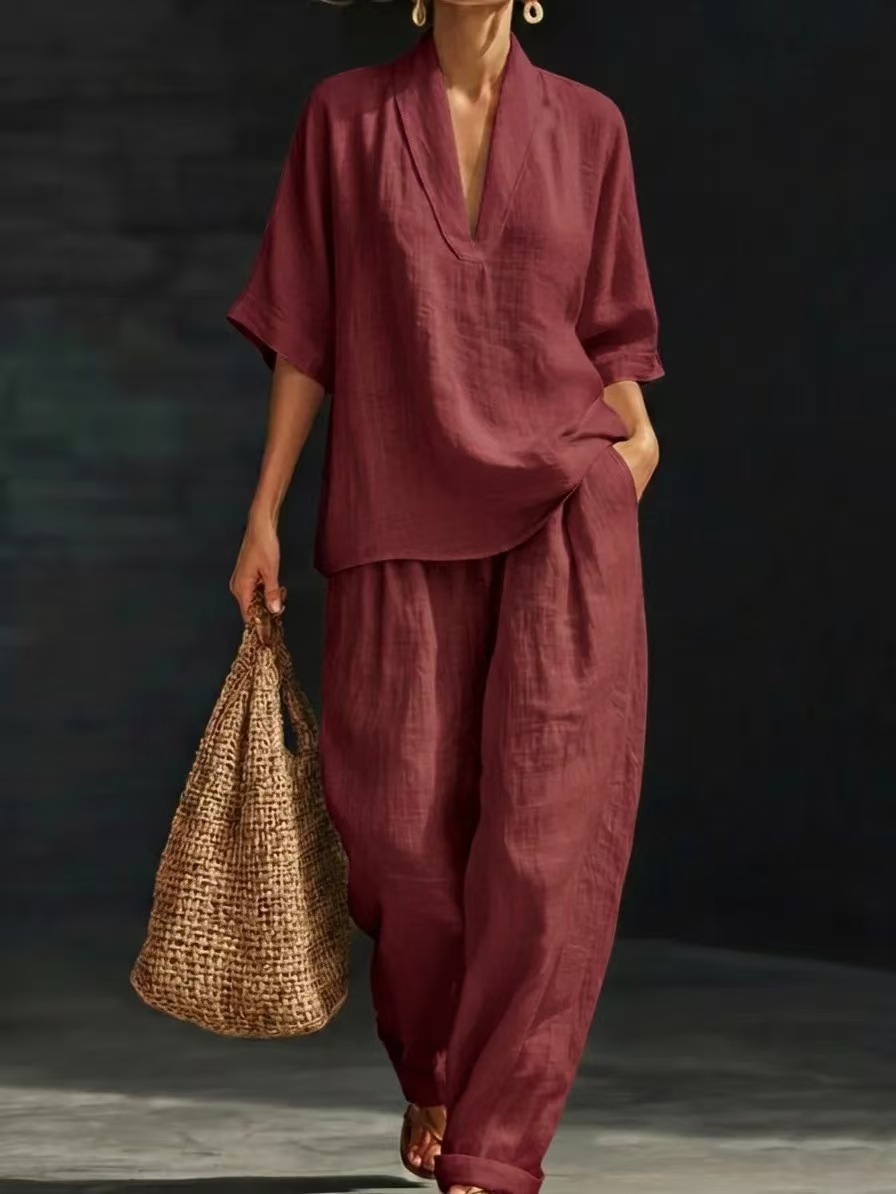 New European and American style linen V-neck short-sleeved wide-leg pants set women's summer casual fashion two-piece set cross-border