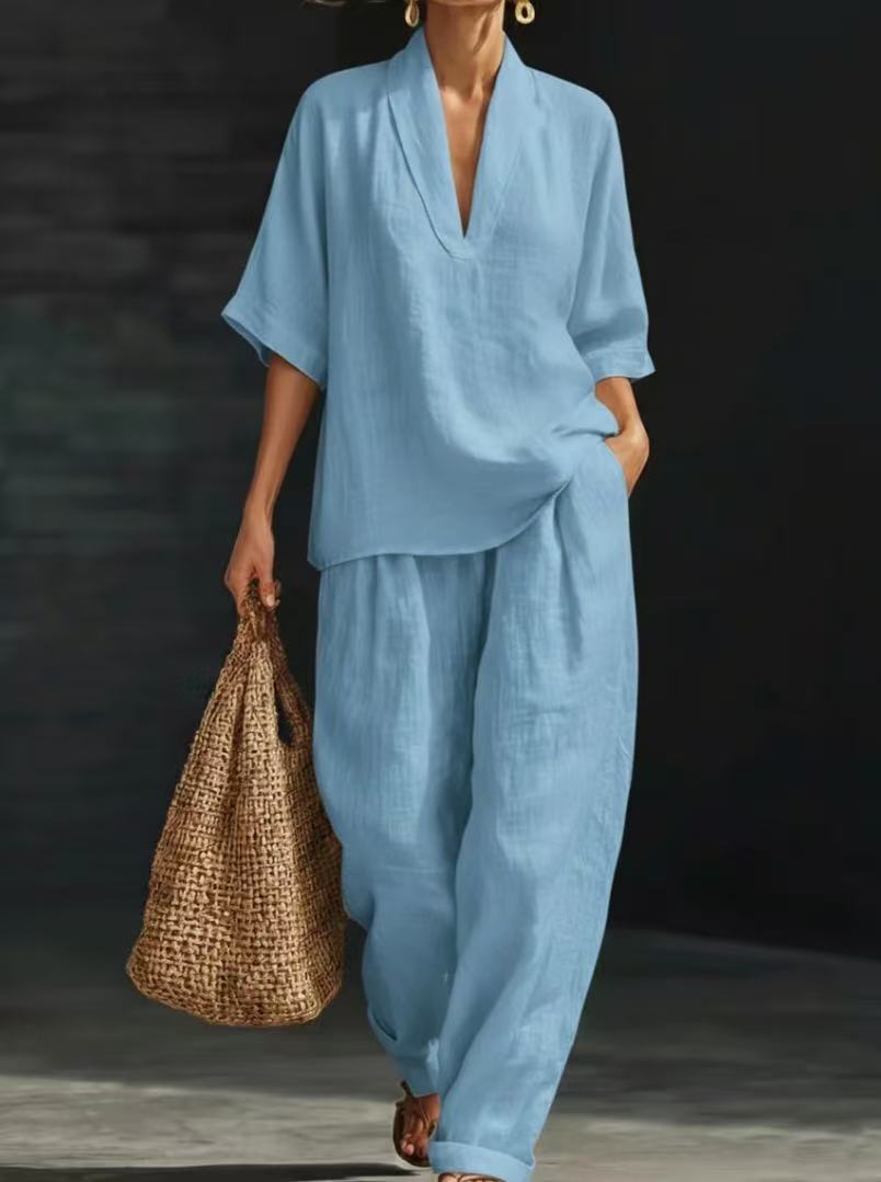 New European and American style linen V-neck short-sleeved wide-leg pants set women's summer casual fashion two-piece set cross-border