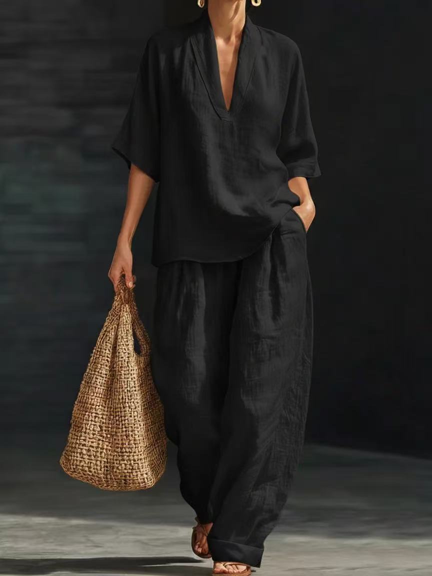 New European and American style linen V-neck short-sleeved wide-leg pants set women's summer casual fashion two-piece set cross-border