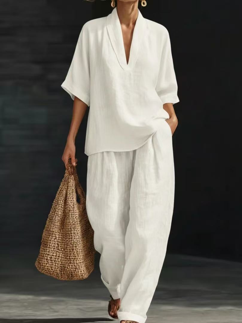 New European and American style linen V-neck short-sleeved wide-leg pants set women's summer casual fashion two-piece set cross-border