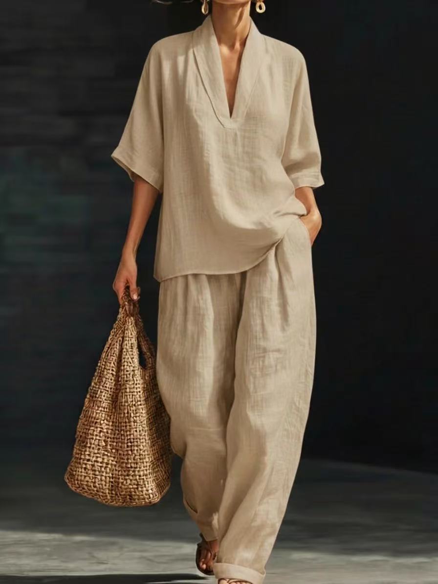 New European and American style linen V-neck short-sleeved wide-leg pants set women's summer casual fashion two-piece set cross-border