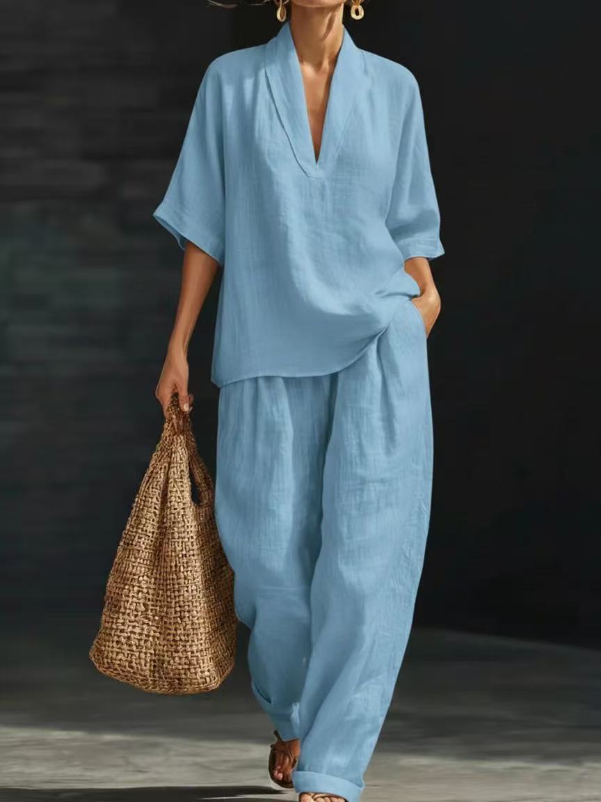 New European and American style linen V-neck short-sleeved wide-leg pants set women's summer casual fashion two-piece set cross-border