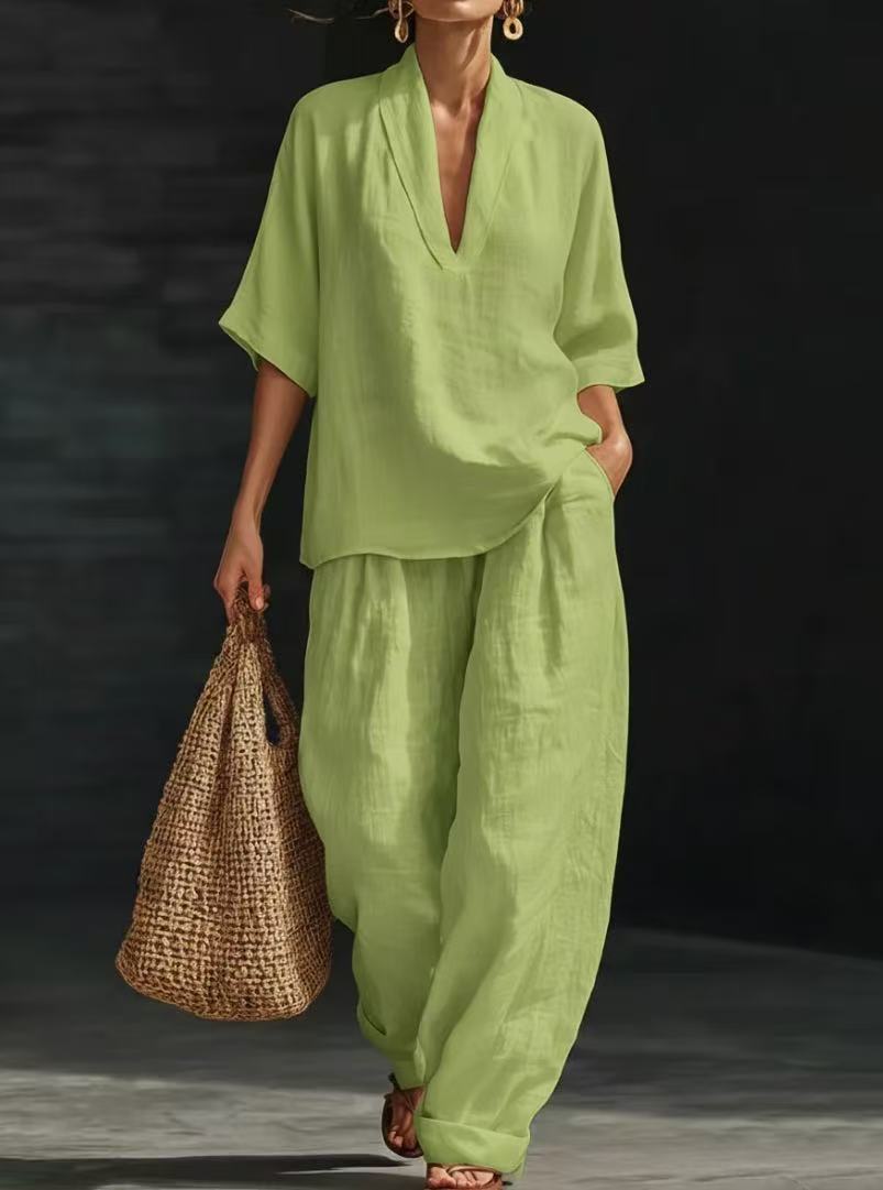 New European and American style linen V-neck short-sleeved wide-leg pants set women's summer casual fashion two-piece set cross-border