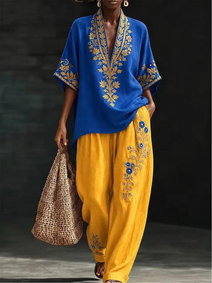 New European and American style linen V-neck short-sleeved wide-leg pants set women's summer casual fashion two-piece set cross-border