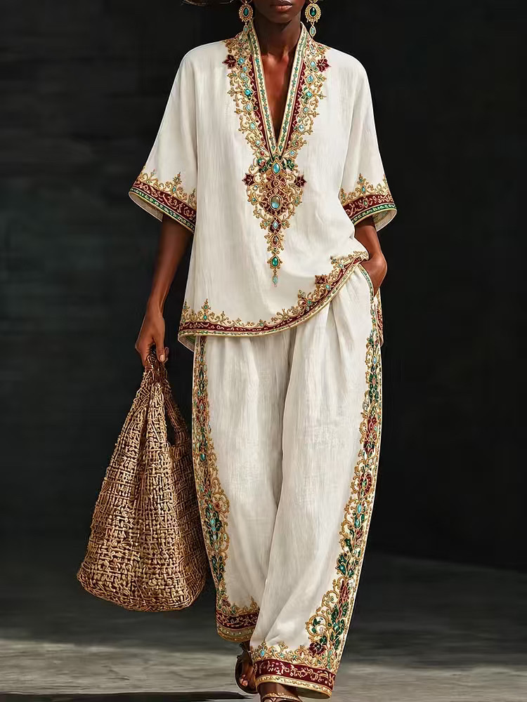 New European and American style linen V-neck short-sleeved wide-leg pants set women's summer casual fashion two-piece set cross-border