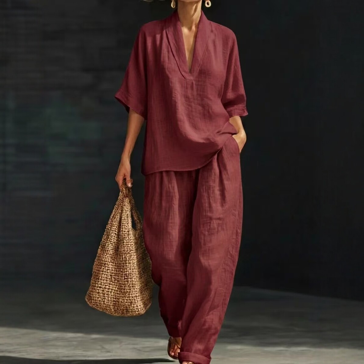 New European and American style linen V-neck short-sleeved wide-leg pants set women's summer casual fashion two-piece set cross-border