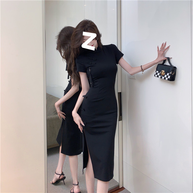 Chinese retro buckle improved cheongsam skirt children's high-end black dress summer waist split hip skirt