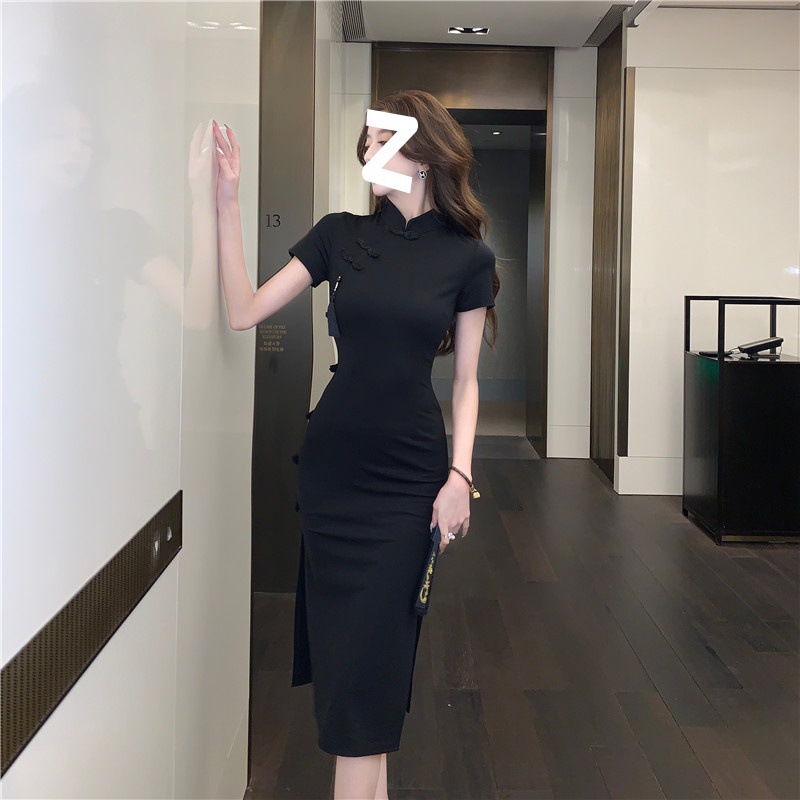 Chinese retro buckle improved cheongsam skirt children's high-end black dress summer waist split hip skirt