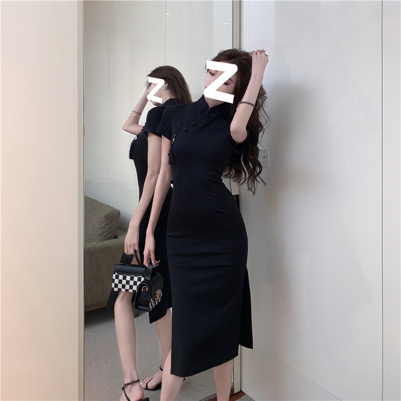 Chinese retro buckle improved cheongsam skirt children's high-end black dress summer waist split hip skirt