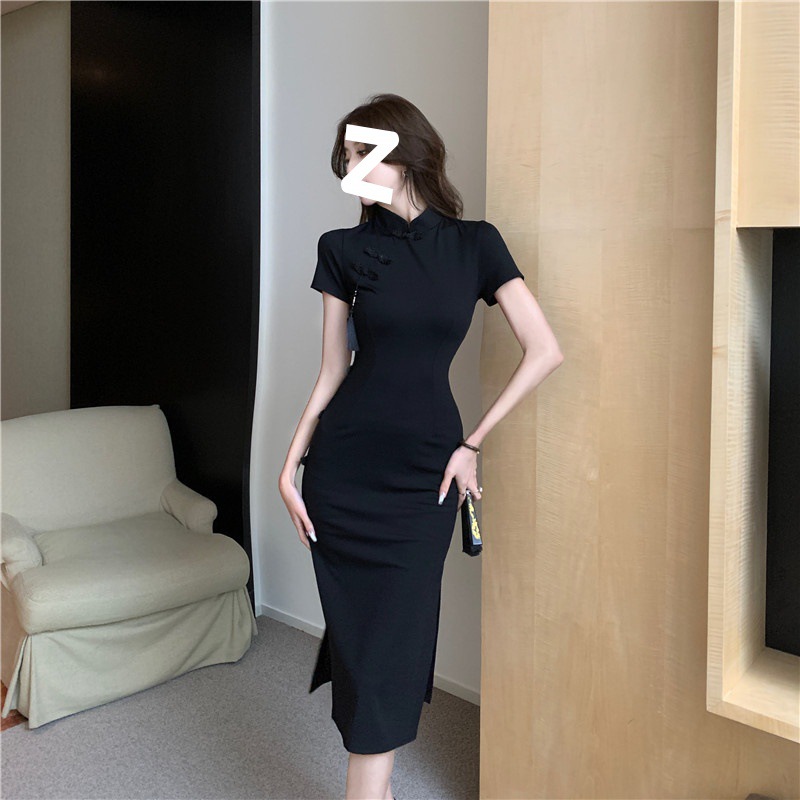 Chinese retro buckle improved cheongsam skirt children's high-end black dress summer waist split hip skirt