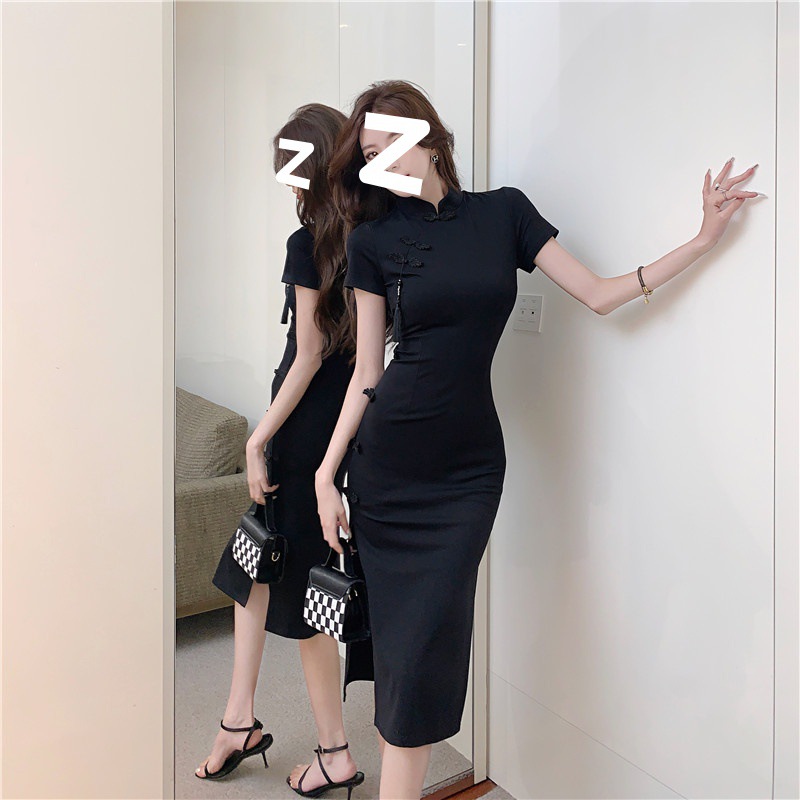 Chinese retro buckle improved cheongsam skirt children's high-end black dress summer waist split hip skirt
