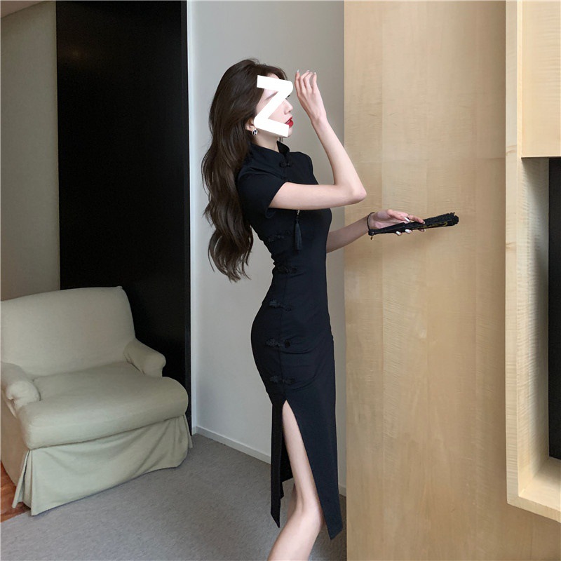 Chinese retro buckle improved cheongsam skirt children's high-end black dress summer waist split hip skirt
