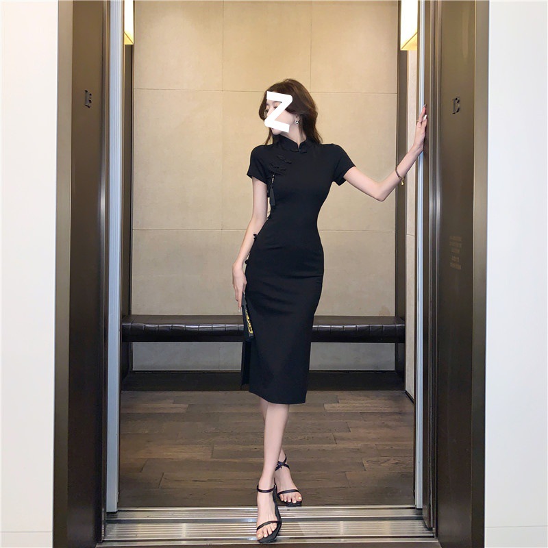 Chinese retro buckle improved cheongsam skirt children's high-end black dress summer waist split hip skirt