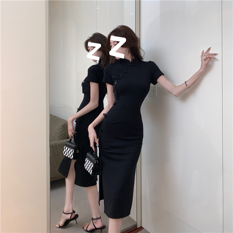 Chinese retro buckle improved cheongsam skirt children's high-end black dress summer waist split hip skirt