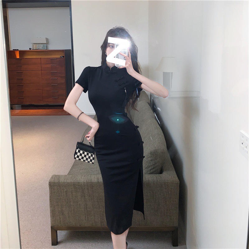 Chinese retro buckle improved cheongsam skirt children's high-end black dress summer waist split hip skirt