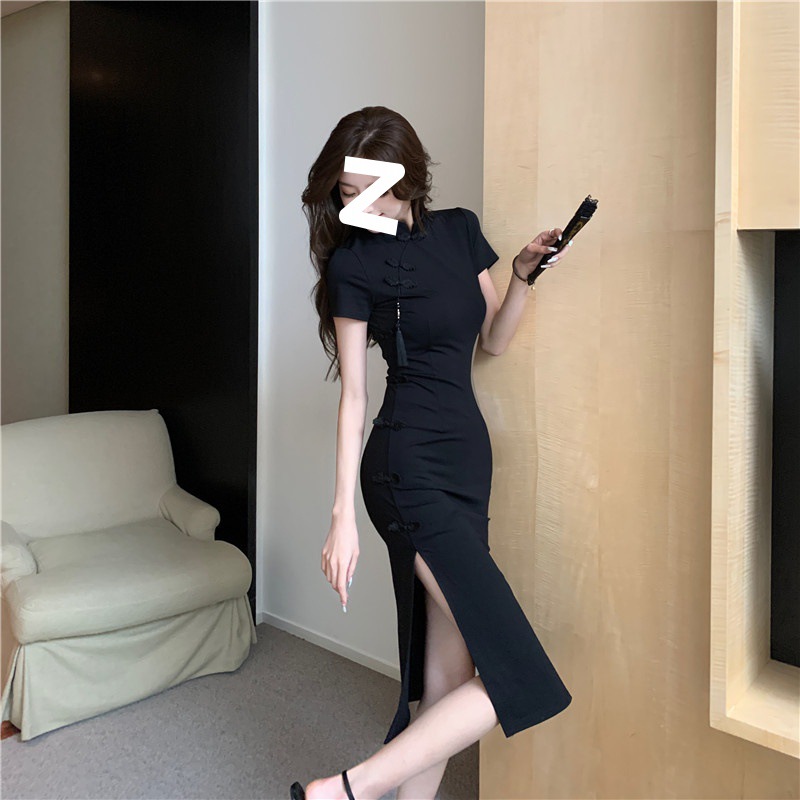 Chinese retro buckle improved cheongsam skirt children's high-end black dress summer waist split hip skirt