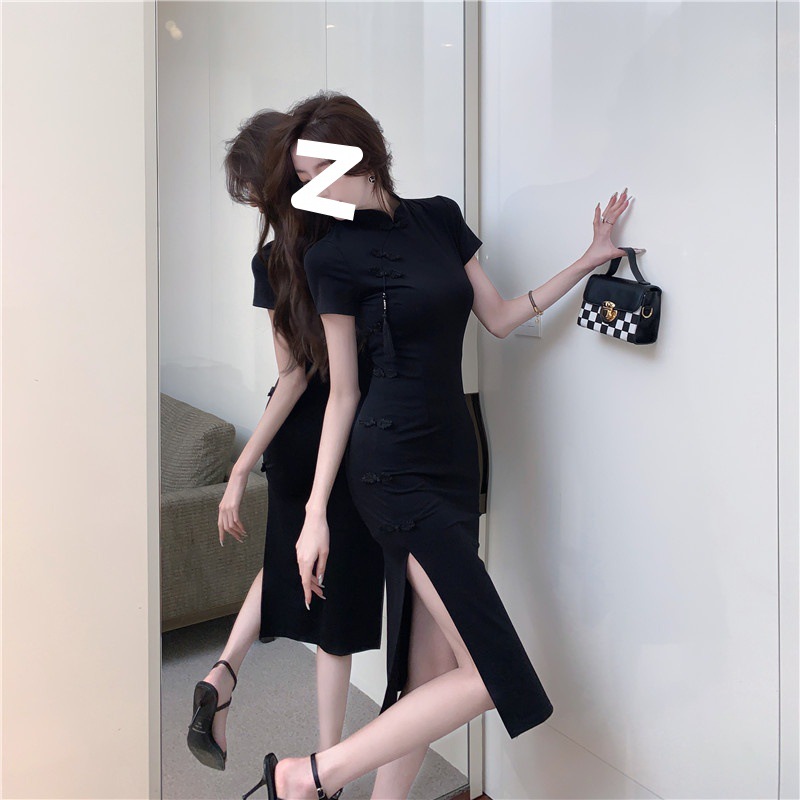 Chinese retro buckle improved cheongsam skirt children's high-end black dress summer waist split hip skirt