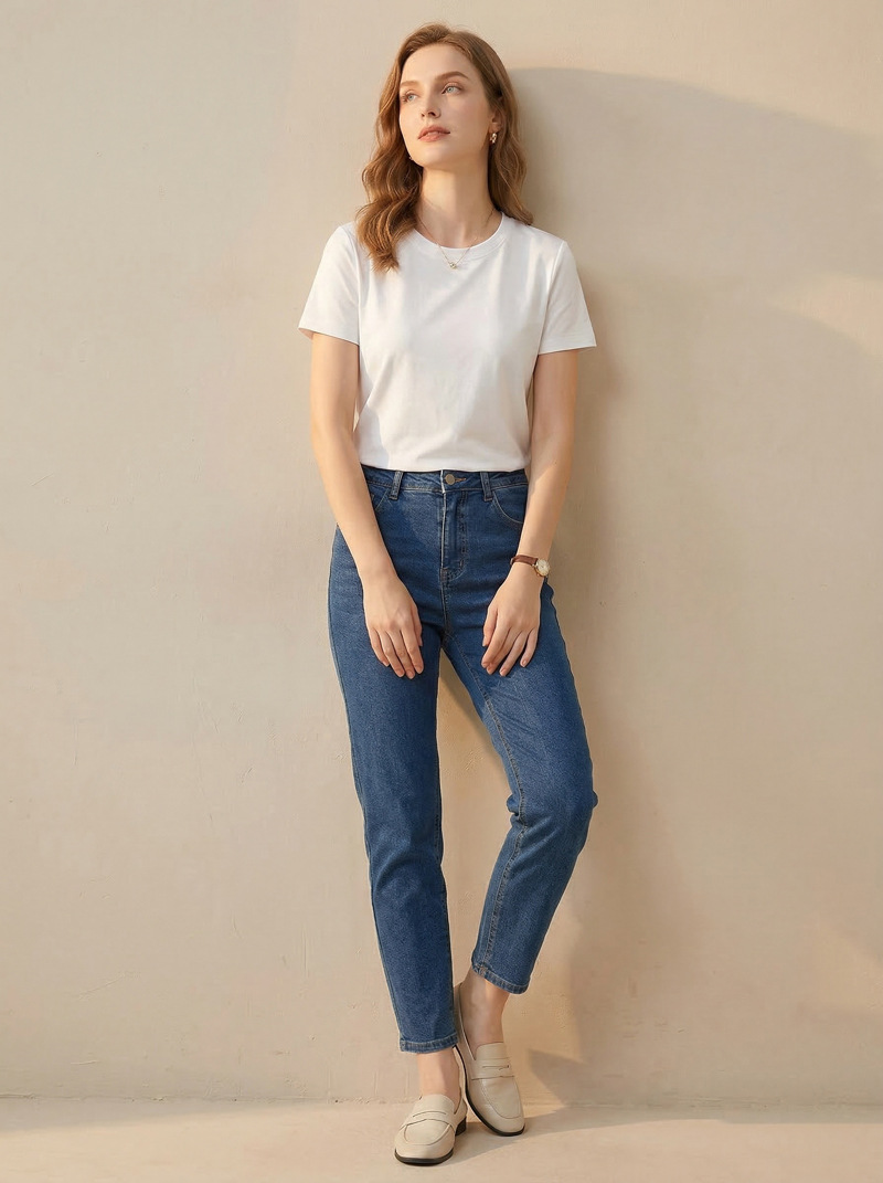 Mercerized Cotton T Shirt For Women Double Fabric Short Sleeve Crew Neck Casual Basic Top