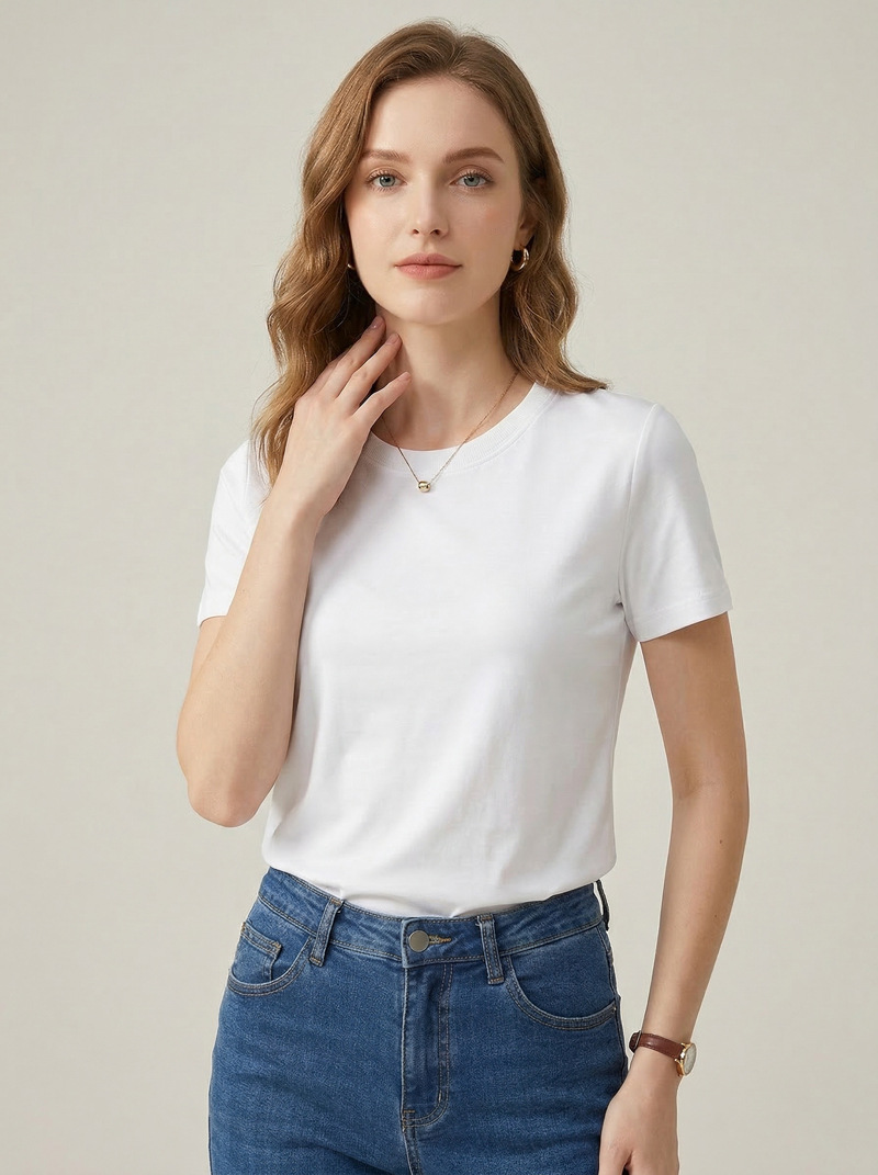 Mercerized Cotton T Shirt For Women Double Fabric Short Sleeve Crew Neck Casual Basic Top