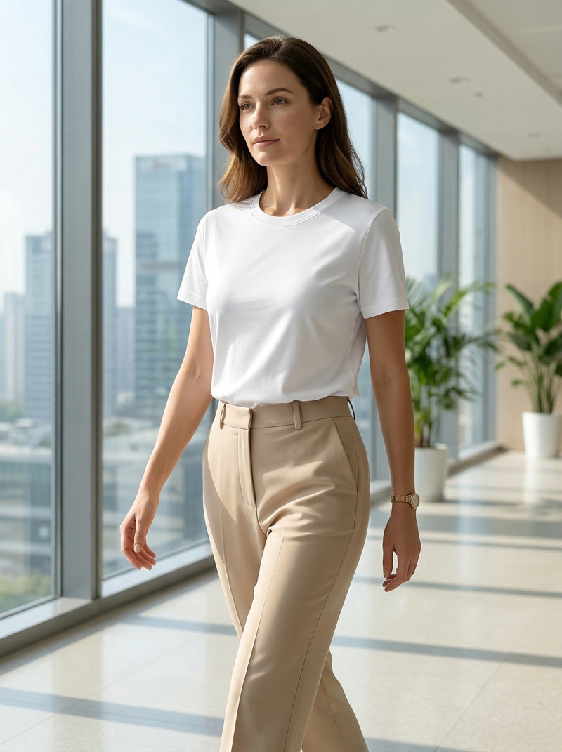 Mercerized Cotton T Shirt For Women Double Fabric Short Sleeve Crew Neck Casual Basic Top