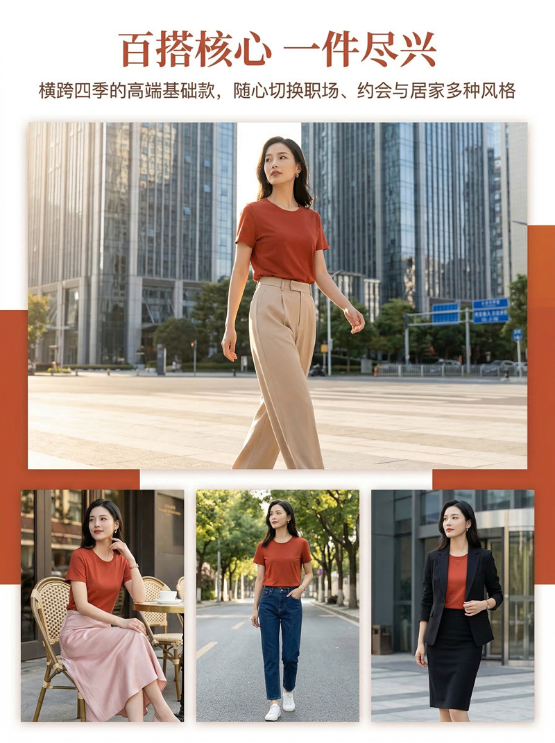 Mercerized Cotton T Shirt For Women Double Fabric Short Sleeve Crew Neck Casual Basic Top