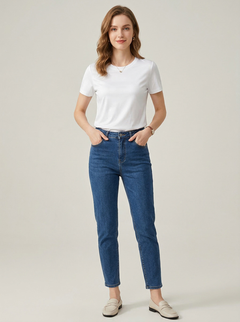 Mercerized Cotton T Shirt For Women Double Fabric Short Sleeve Crew Neck Casual Basic Top